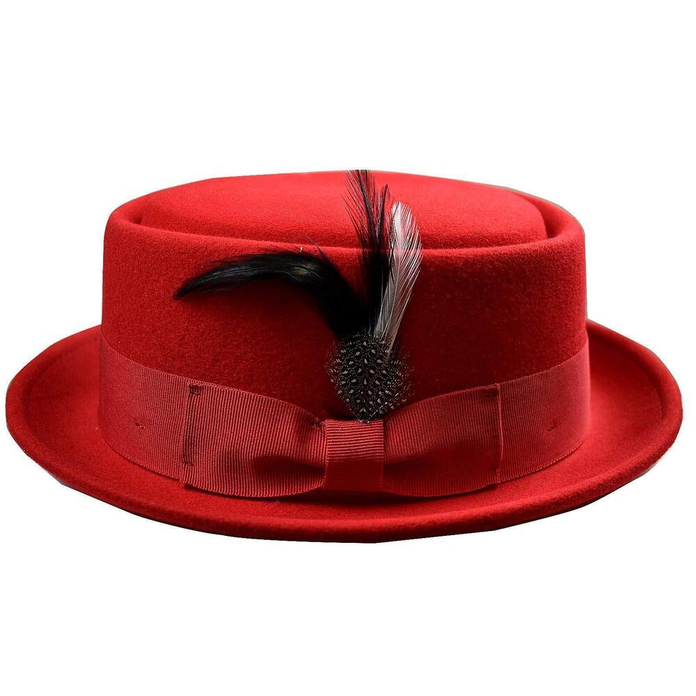 5249 Crushable Wool Felt Porkpie Hat with Feather HE09 Red-L/XL
